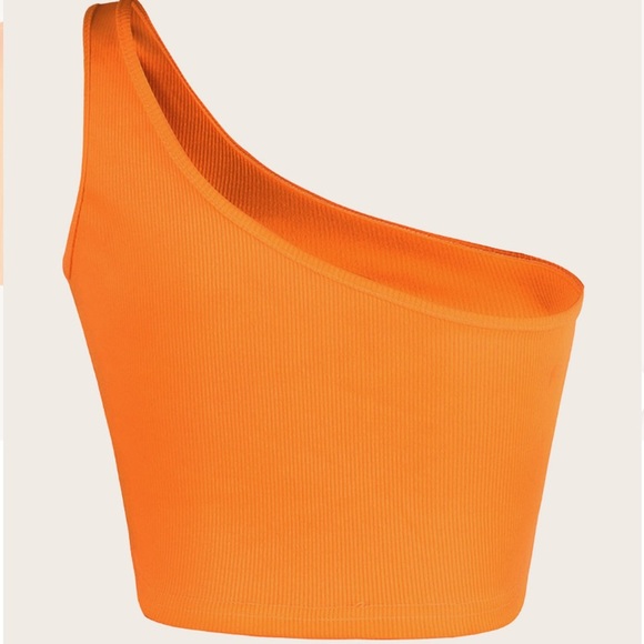 NEW| Women’s Orange One Shoulder Ribbed Cropped Top - Picture 3 of 6